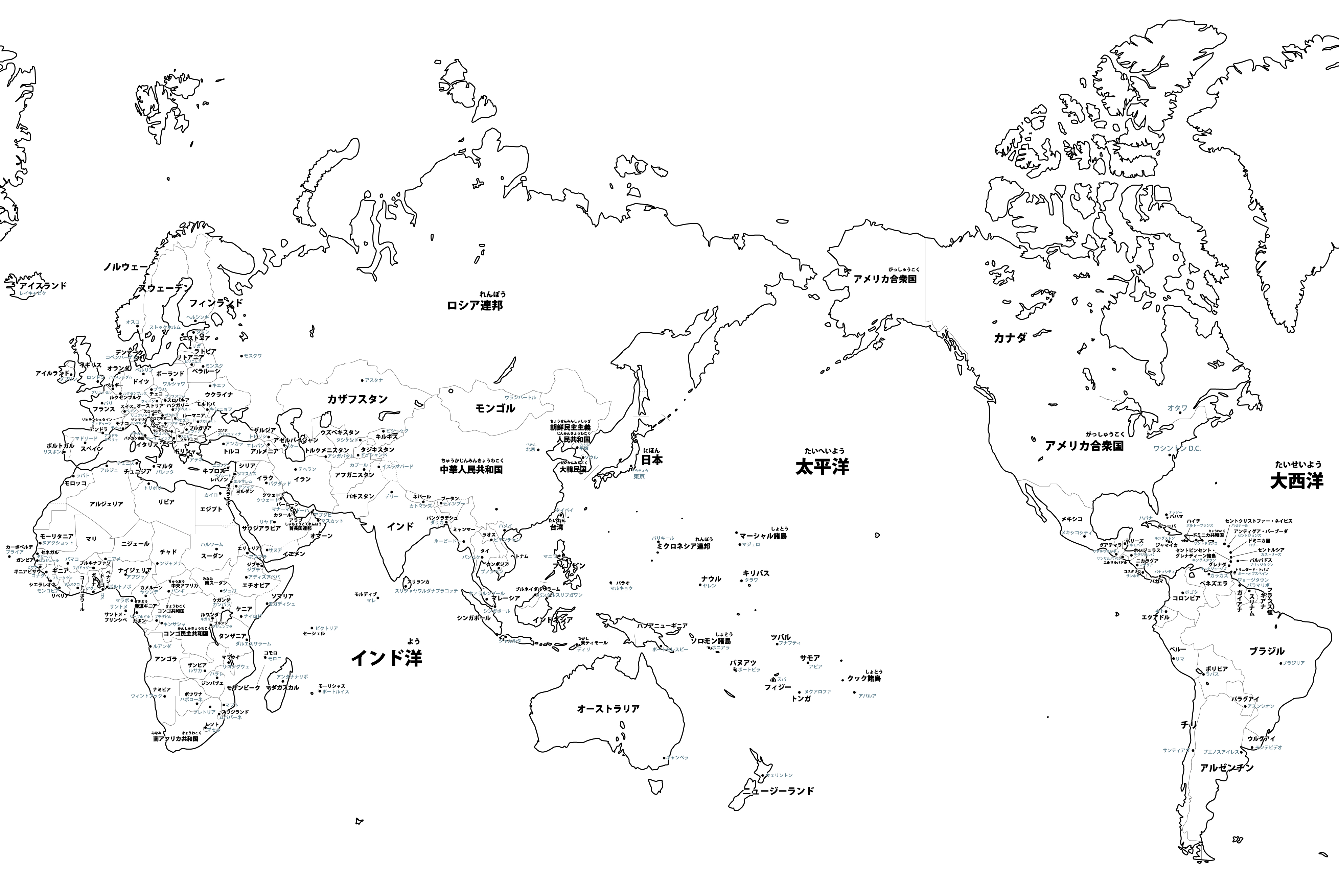 世界地図 国名入り 首都名入り の白地図イラストを無料ダウンロード
