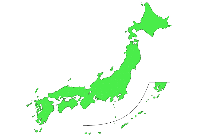 日本地図無料フリーイラスト｜文字なし・都道府県線なし(緑)
