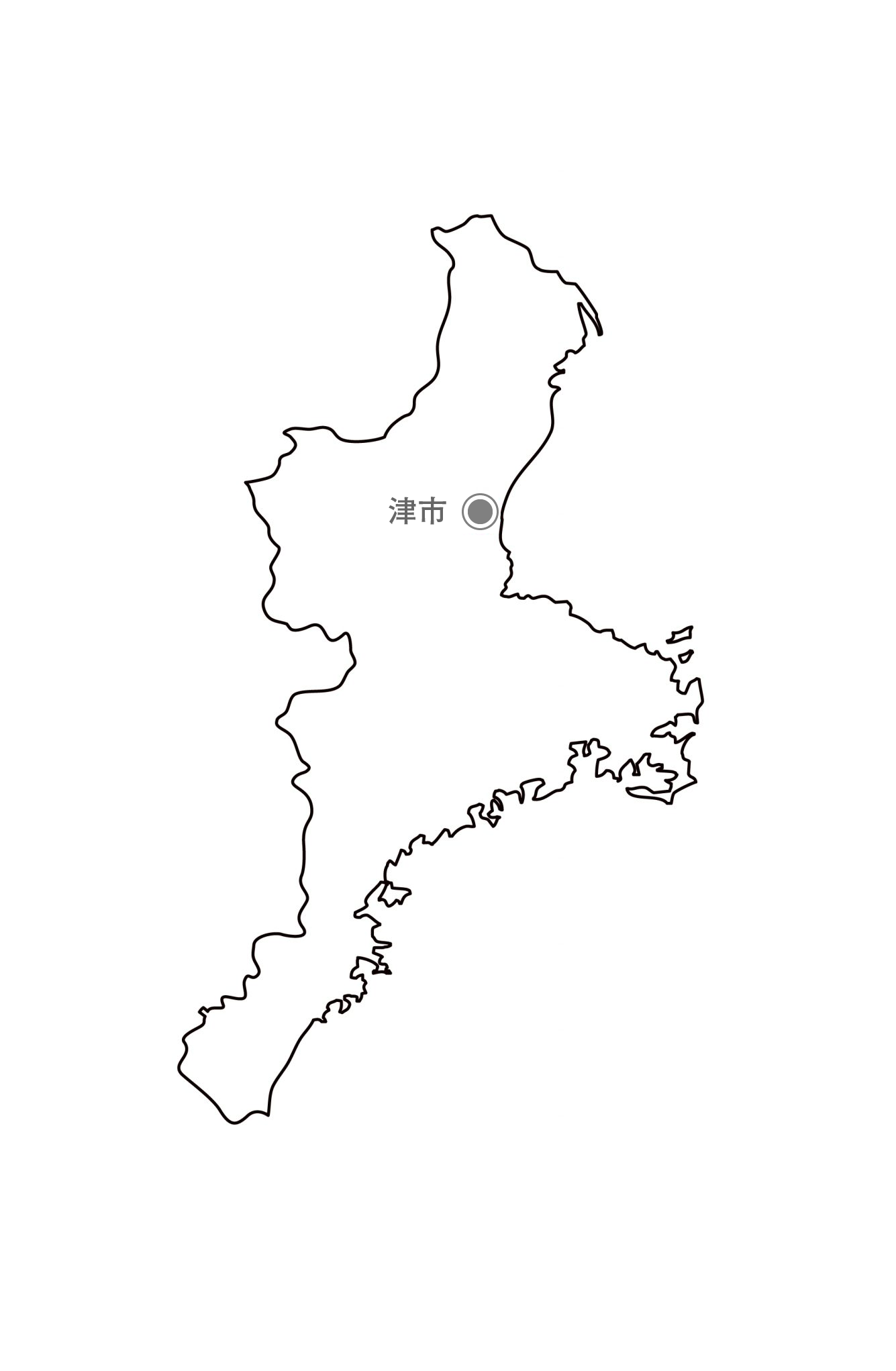 [白地図]三重県・都道府県名・県庁所在地あり