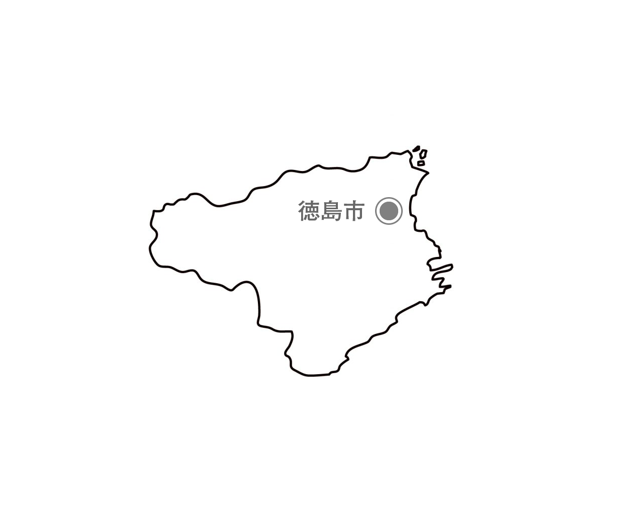 [白地図]徳島県・都道府県名・県庁所在地あり