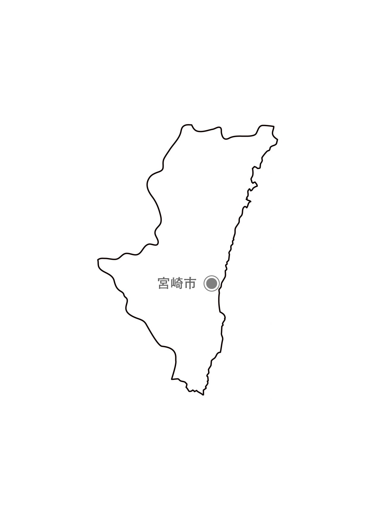 [白地図]宮崎県・都道府県名・県庁所在地あり