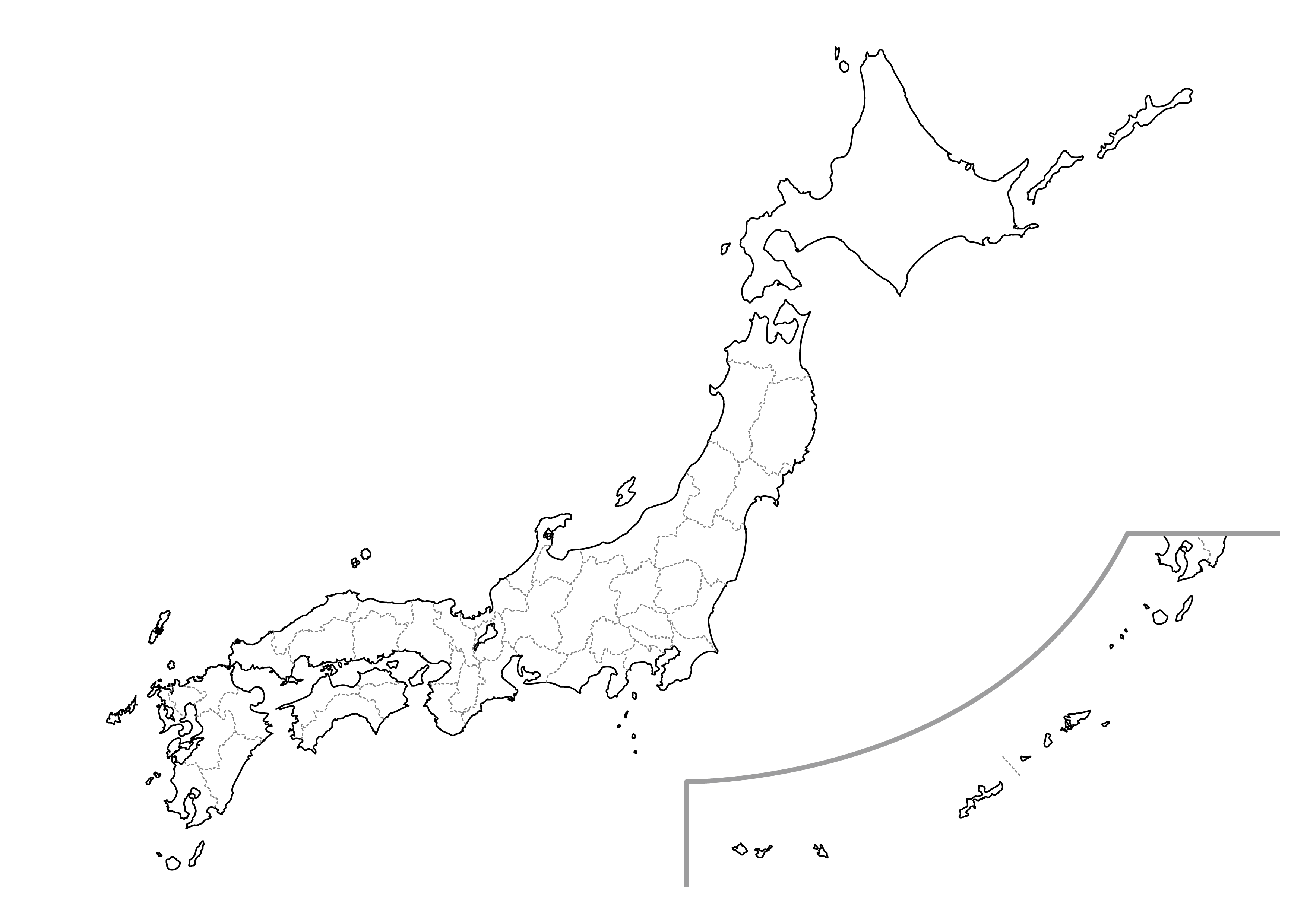 白地図・日本全土・県名あり・県庁所在地あり