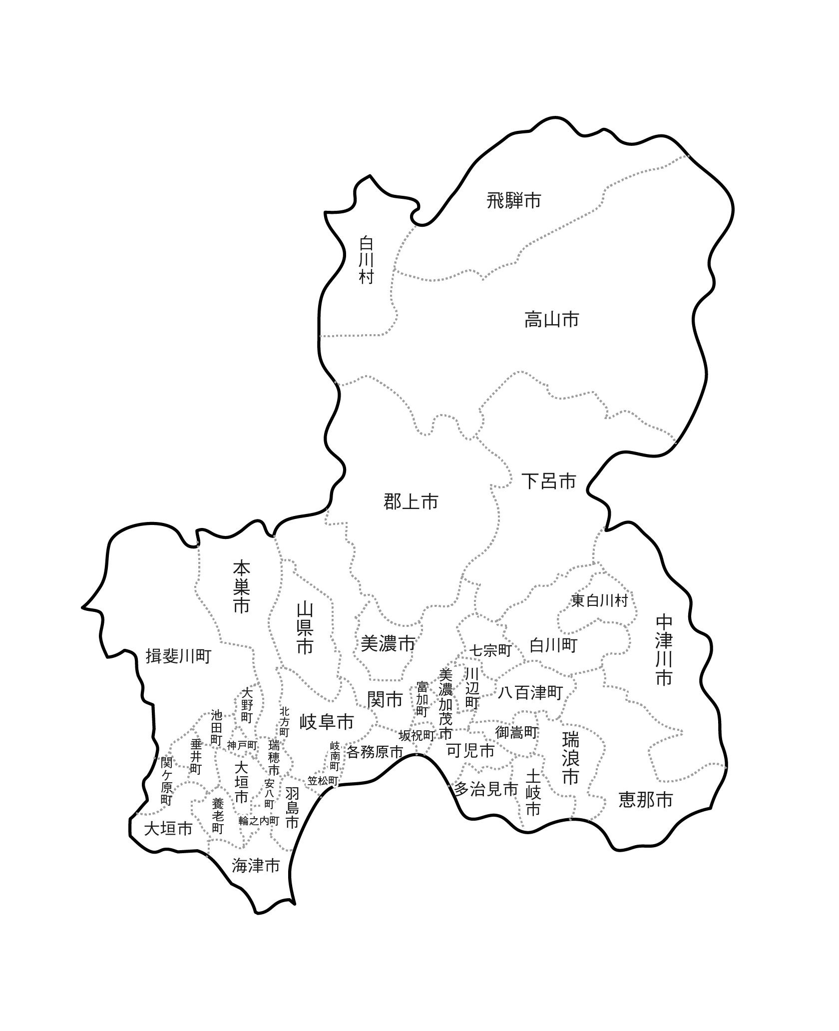 [白地図]岐阜県・ラインあり・市区町村名あり