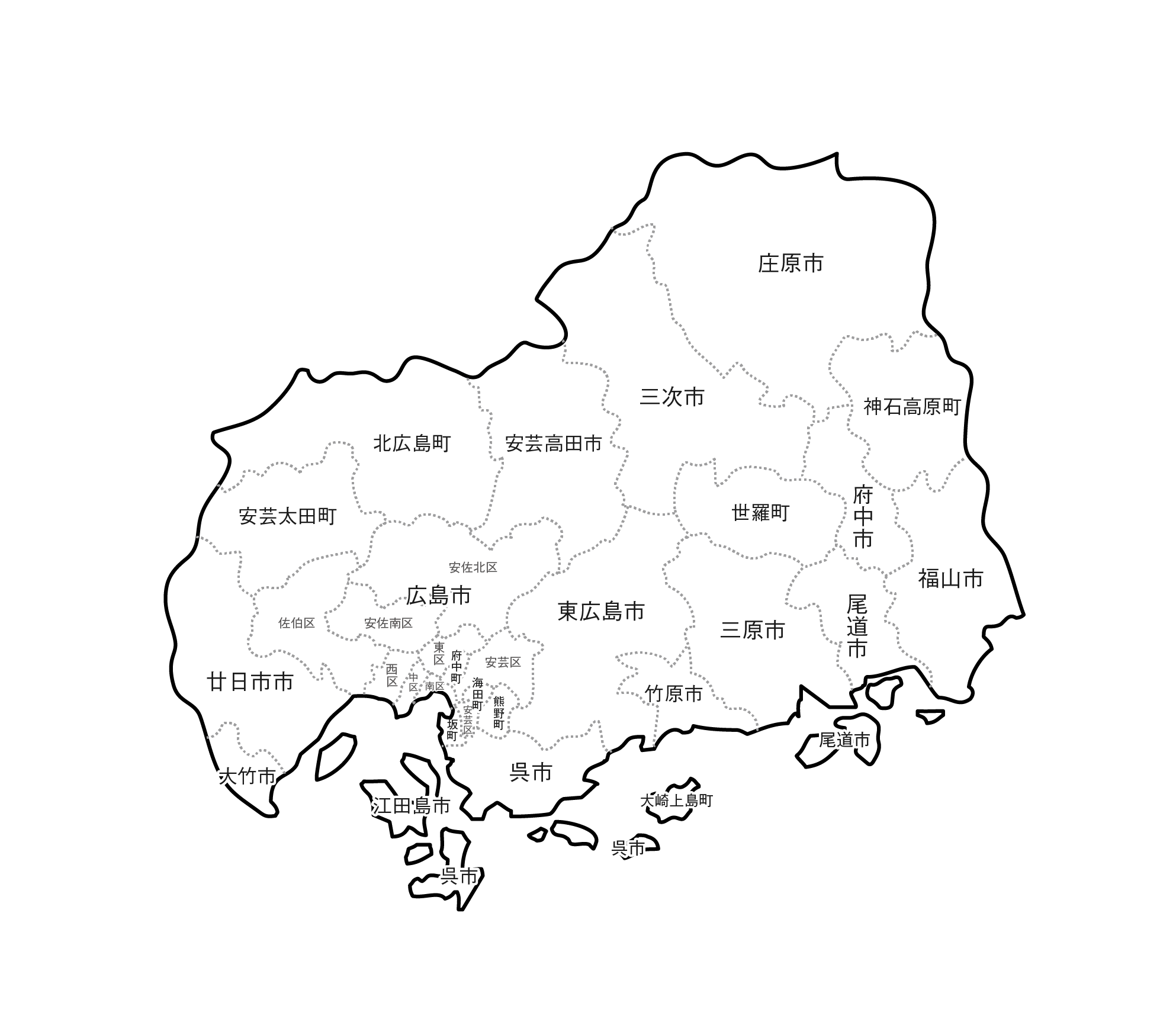 [白地図]広島県・ラインあり・市区町村名あり