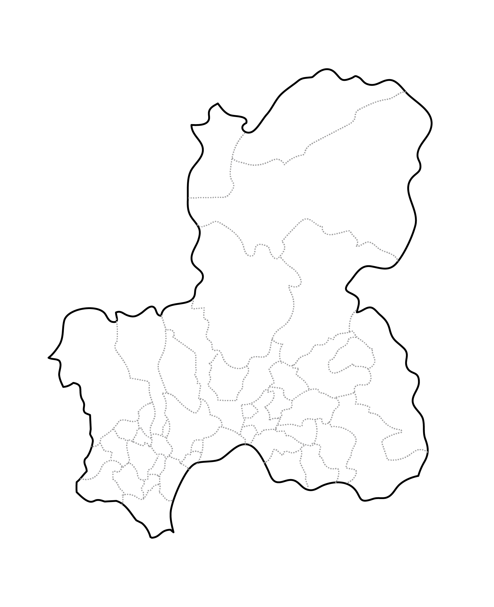 [白地図]岐阜県・ラインあり・市区町村名なし