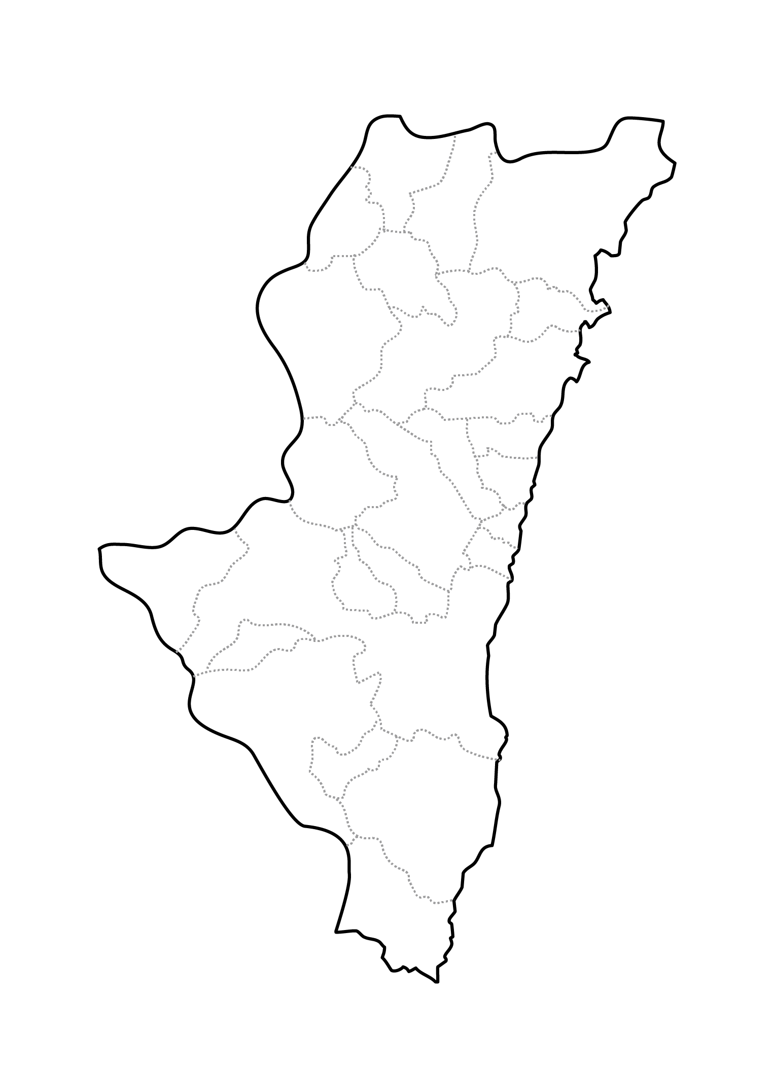 [白地図]宮崎県・ラインあり・市区町村名なし