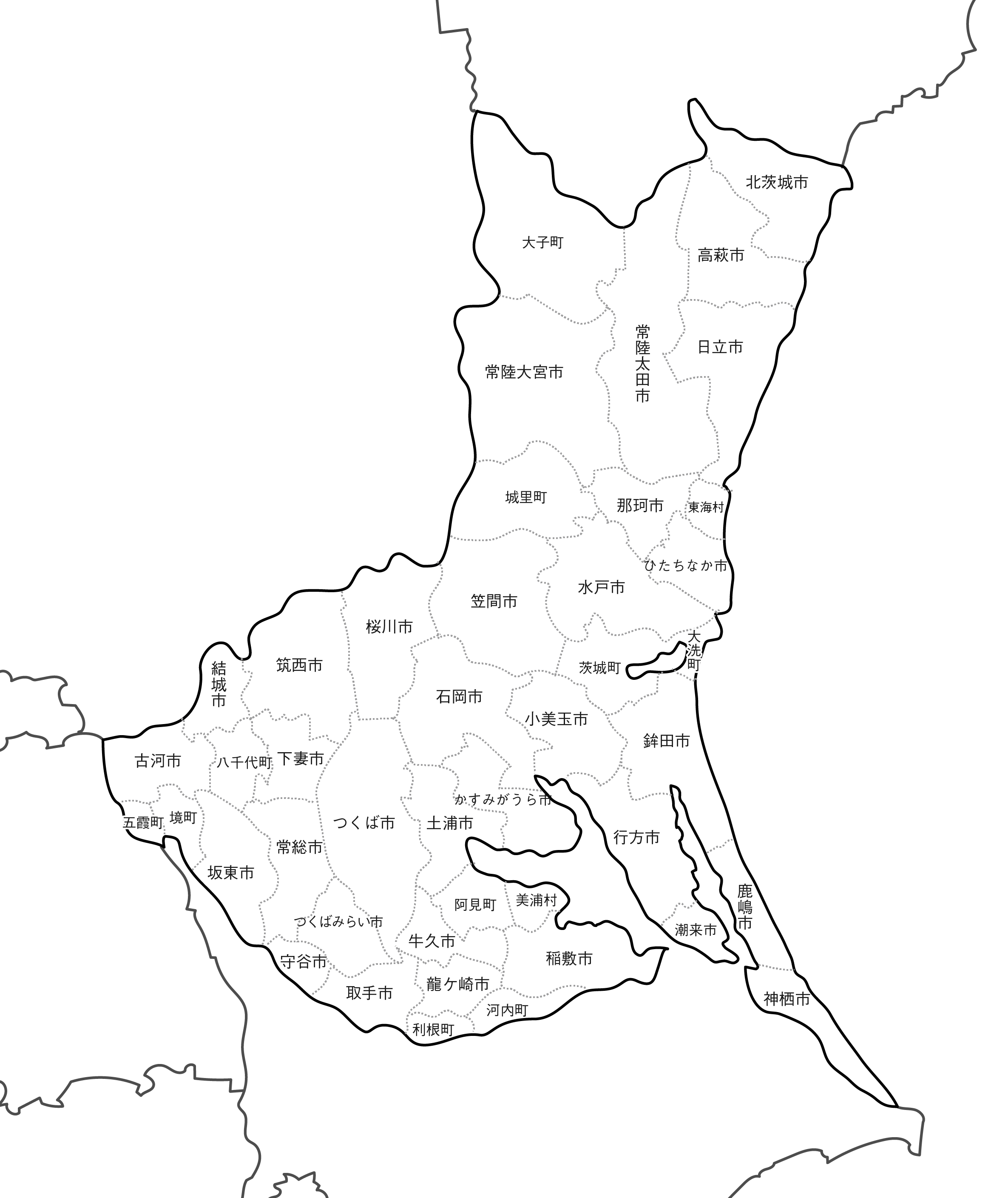 [白地図]茨城県・ラインあり・市区町村名あり・隣県あり