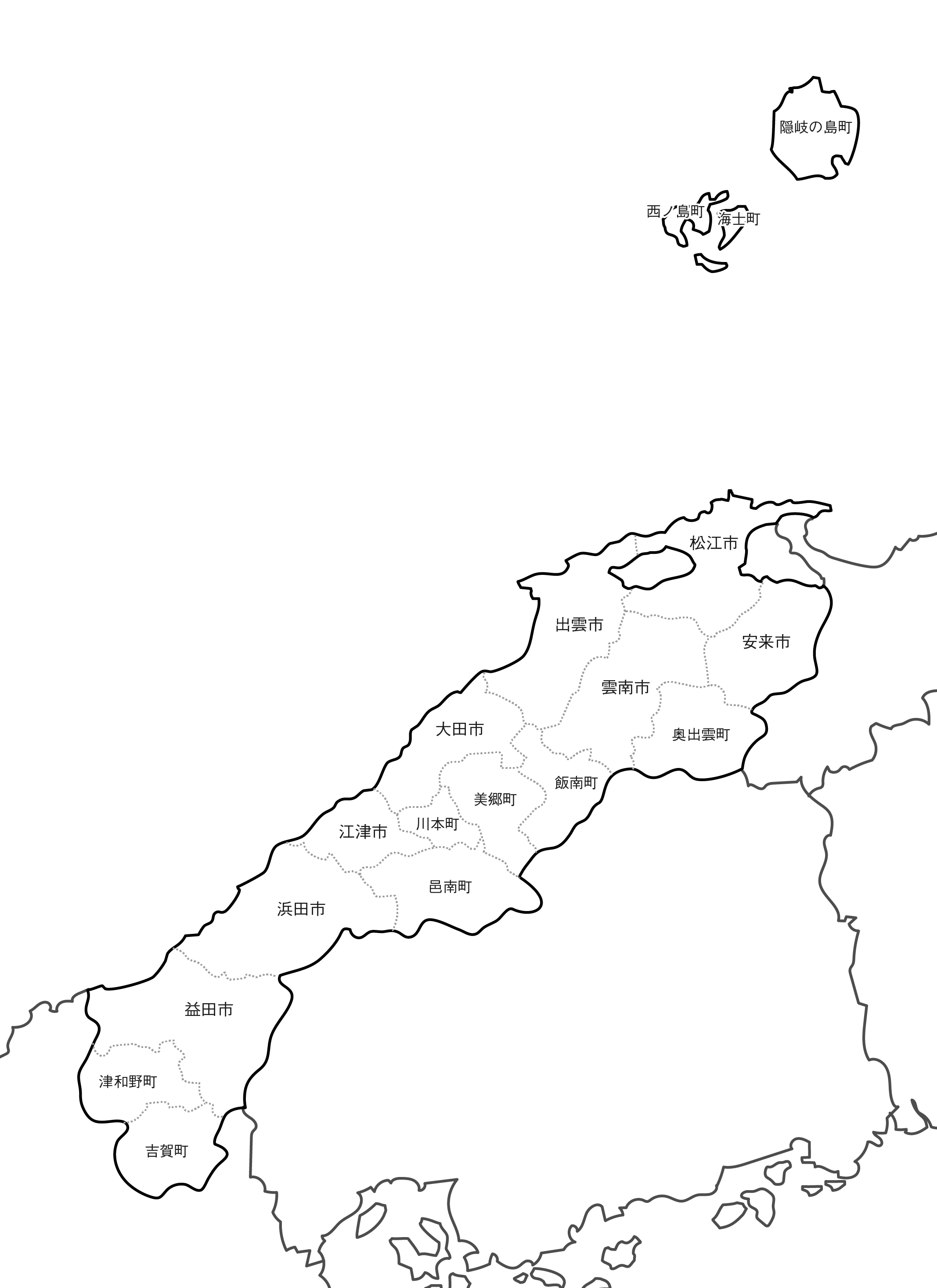 [白地図]島根県・ラインあり・市区町村名あり・隣県あり