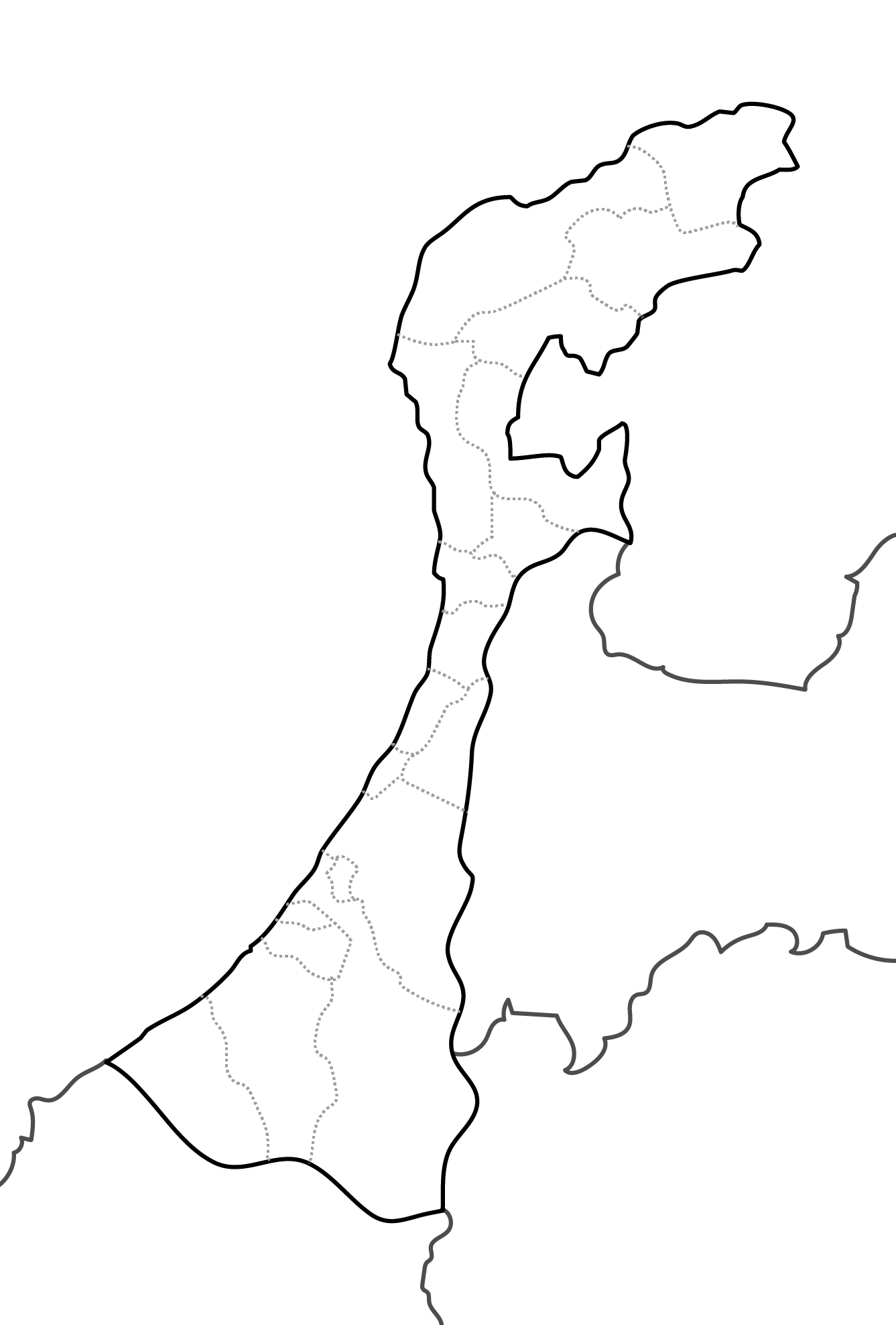 [白地図]石川県・ラインあり・市区町村名なし・隣県なし