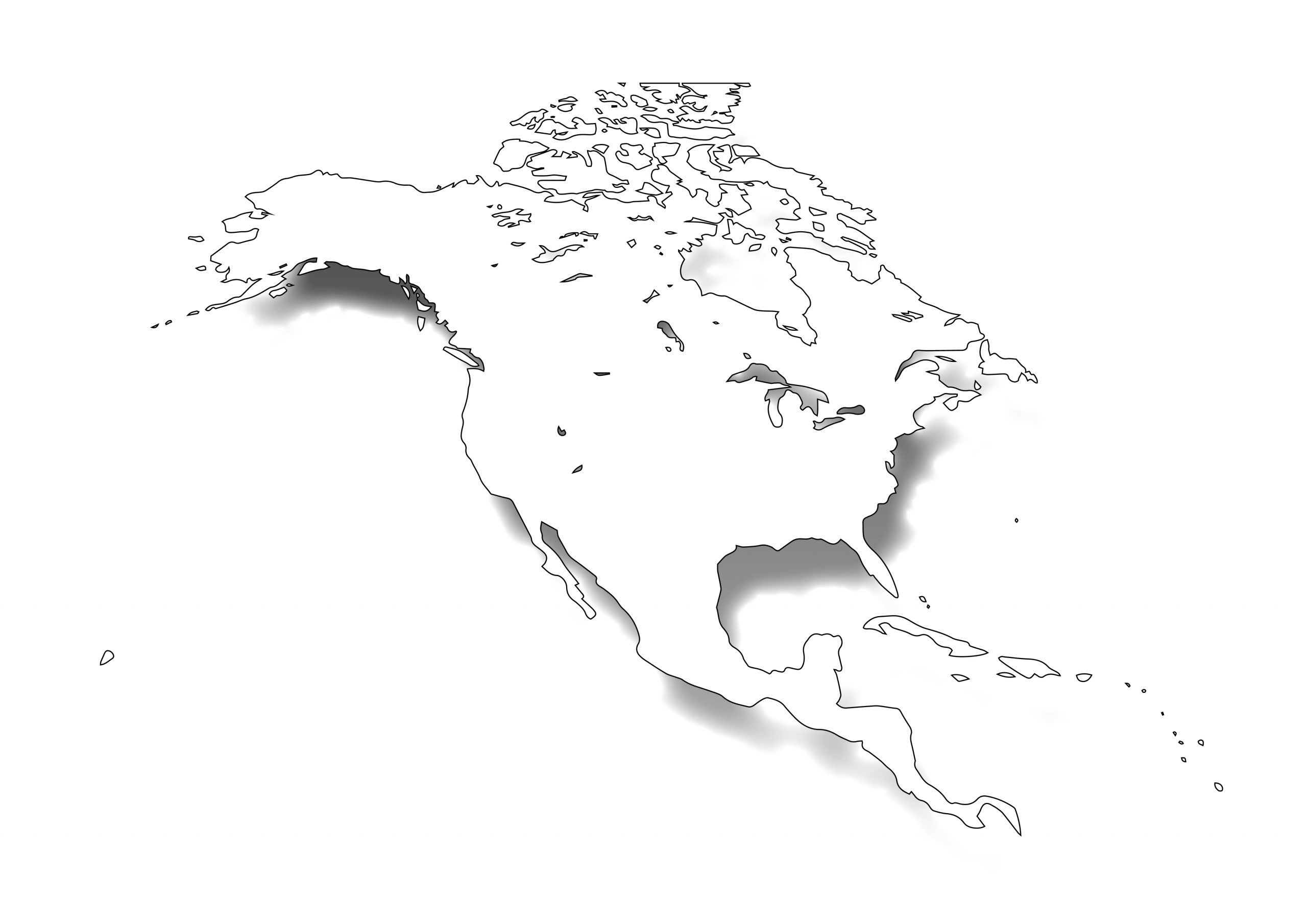 世界地図(北アメリカ)無料フリーイラスト｜シャドウ(白)