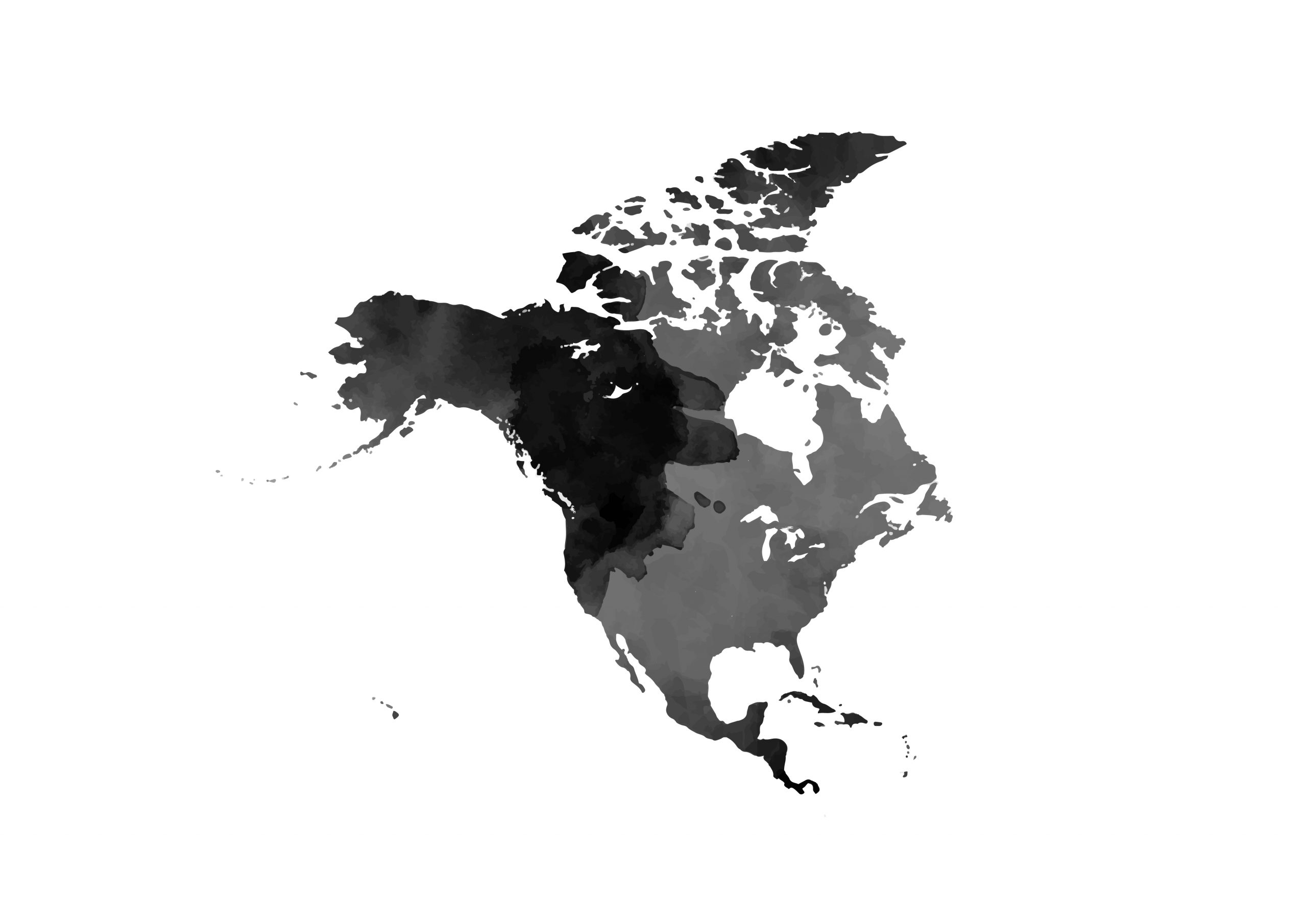 世界地図(北アメリカ)無料フリーイラスト｜水彩(黒)