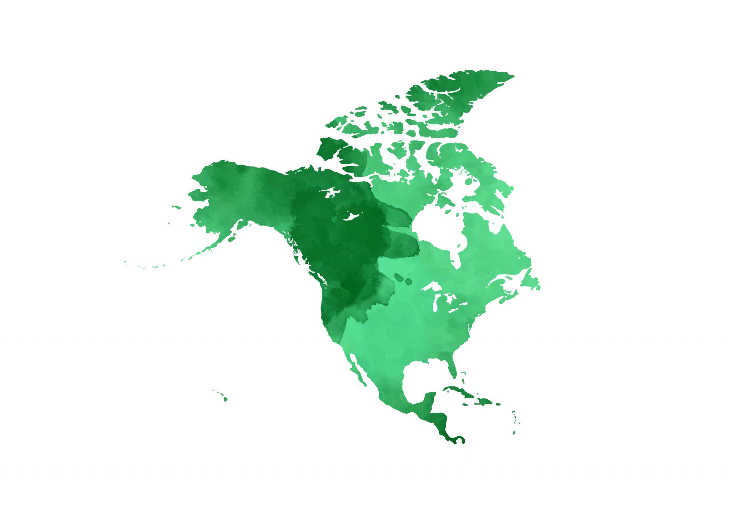 世界地図(北アメリカ)無料フリーイラスト｜水彩(緑)